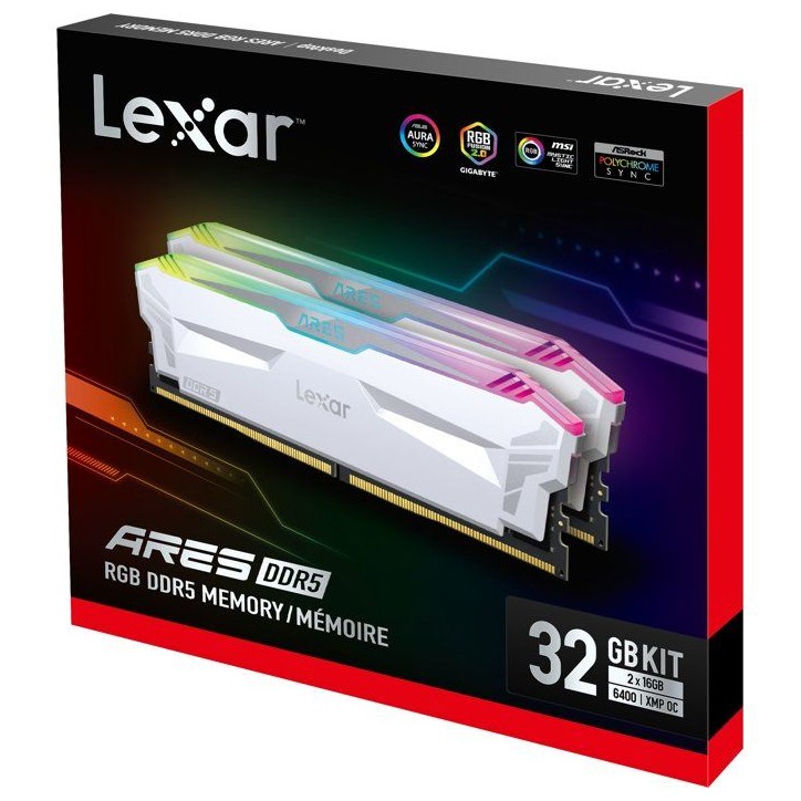Barrette Mémoire - LEXAR Ares - DDR5 6400 - CL32 1.4 V - 32 Go (2x 16 Go) - Dissipateur thermique + RGB - Blanc Barrette Mémoire - LEXAR Ares - DDR5 6400 - CL32 1.4 V - 32 Go (2x 16 Go) - Dissipateur thermique + RGB - Blanc