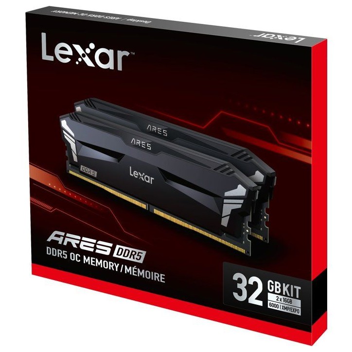 Barrette Mémoire - LEXAR Ares - DDR5 6400 - CL32 1.4 V - 32 Go (2x 16 Go) - Dissipateur thermique + RGB - Noir Barrette Mémoire - LEXAR Ares - DDR5 6400 - CL32 1.4 V - 32 Go (2x 16 Go) - Dissipateur thermique + RGB - Noir