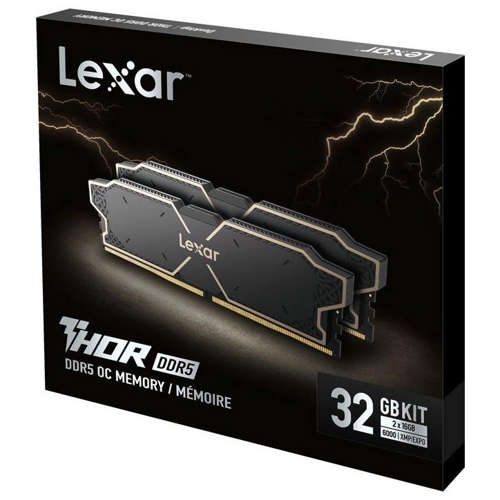 Barrette Mémoire - LEXAR THOR - DDR5 6000 - CL38 1.3 V - 32 Go (2x 16 Go) - Dissipateur thermique - Noir Barrette Mémoire - LEXAR THOR - DDR5 6000 - CL38 1.3 V - 32 Go (2x 16 Go) - Dissipateur thermique - Noir