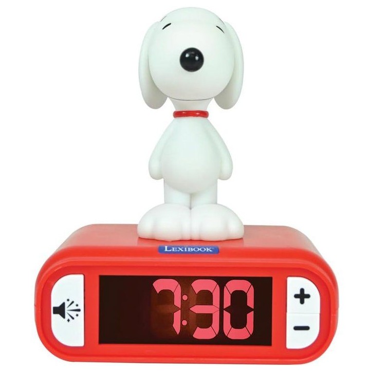 LEXIBOOK - Réveil veilleuse Snoopy - Sons et mélodies, écran LCD rétro-éclairé et lumineux - Blanc, Rouge
