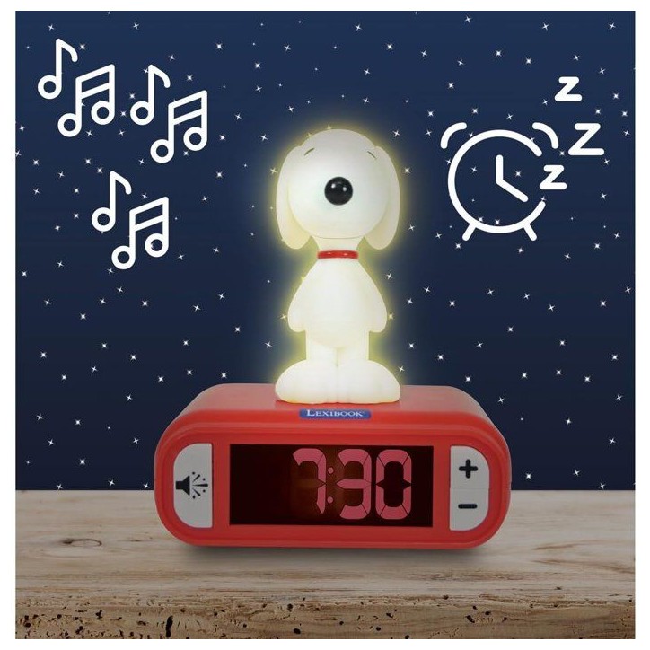 LEXIBOOK - Réveil veilleuse Snoopy - Sons et mélodies, écran LCD rétro-éclairé et lumineux - Blanc, Rouge