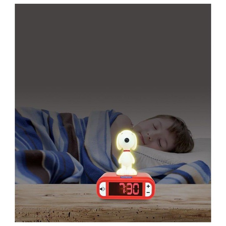 LEXIBOOK - Réveil veilleuse Snoopy - Sons et mélodies, écran LCD rétro-éclairé et lumineux - Blanc, Rouge
