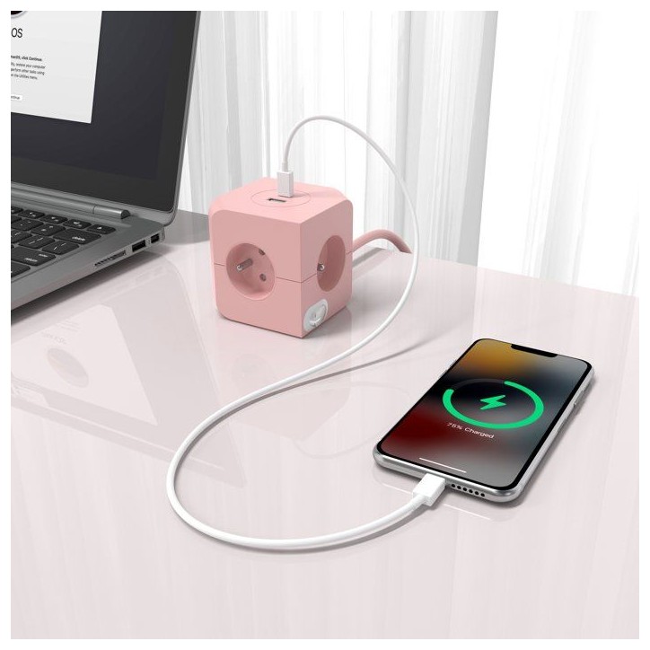 Cube multiprise avec double port USB - LINK2HOME - 4 prises secteur 16A - 2 ports USB - 3680 W max - Rose