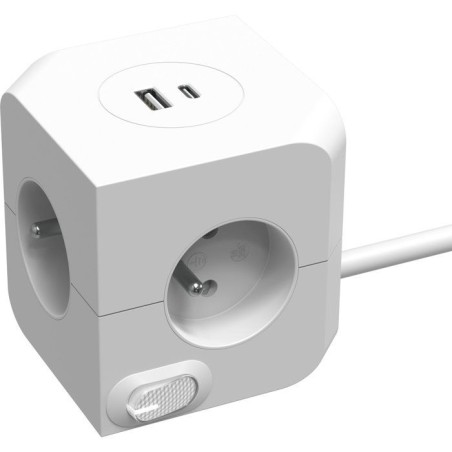 Cube multiprise avec double port USB - LINK2HOME - 4 prises secteur 16A - 2 ports USB - 3680 W max - Blanc