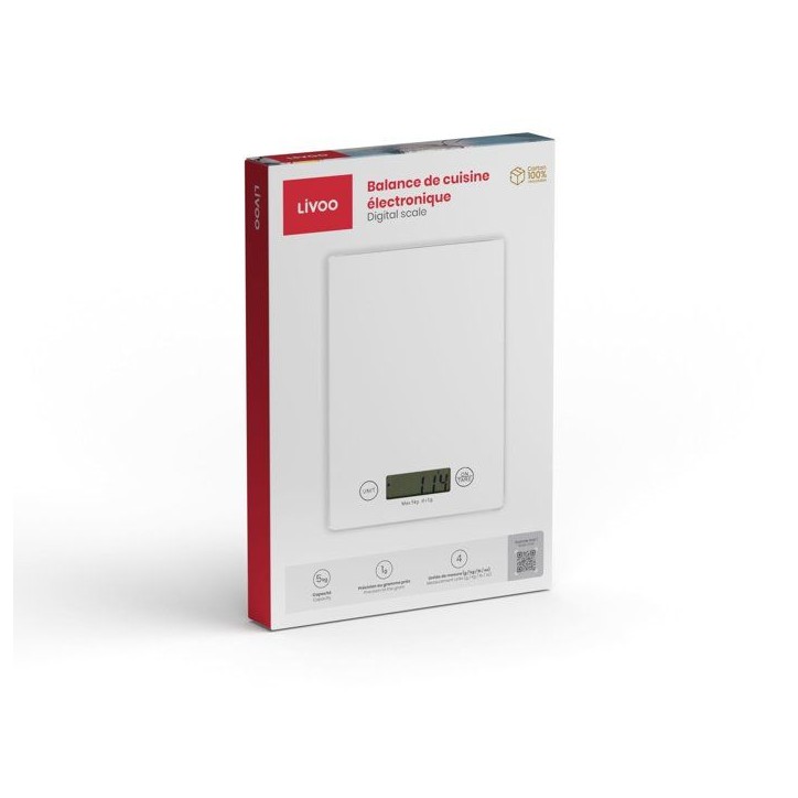 Balance de cuisine électronique - LIVOO - DOM451W - Plateau en verre - 5 kg - Ultra slim