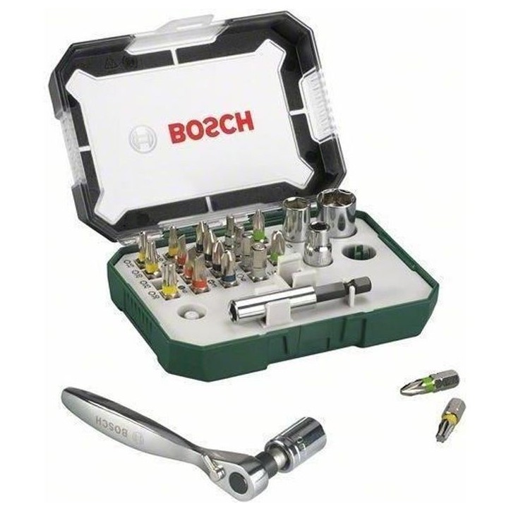 Set embout de vissage Bosch (Kit 26 pieces, Assortiment d'embouts de vissage avec cliquet) Set embout de vissage Bosch (Kit 26 pieces, Assortiment d'embouts de vissage avec cliquet)