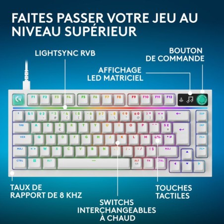 Clavier gamer - Filaire - Logitech G - G316 X 75 - AZERTY - USB - Blanc