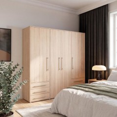 Armoire de chambre - MOKKARO - Décor chene clair - 4 portes battantes