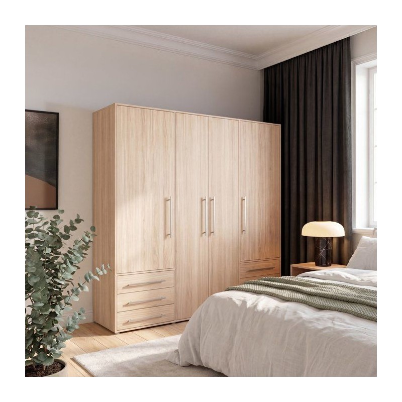 Armoire de chambre - MOKKARO - Décor chene clair - 4 portes battantes