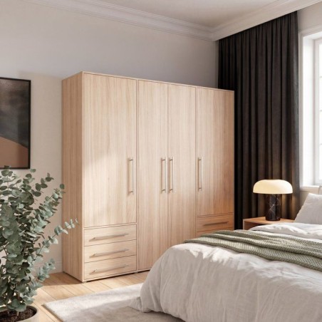 Armoire de chambre - MOKKARO - Décor chene clair - 4 portes battantes