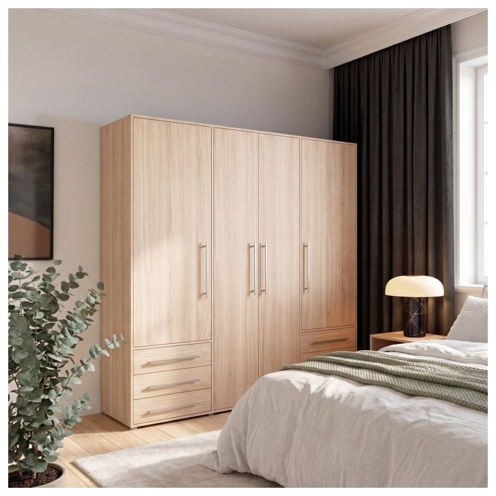 Armoire de chambre - MOKKARO - Décor chene clair - 4 portes battantes - 6 tiroirs - L205,9 x P53 x H200 cm Armoire de chambre - MOKKARO - Décor chene clair - 4 portes battantes - 6 tiroirs - L205,9 x P53 x H200 cm