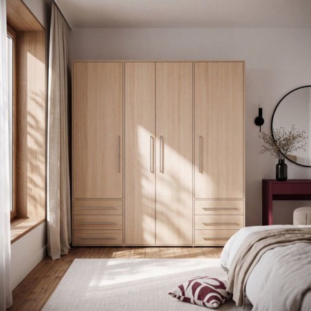 Armoire de chambre - MOKKARO - Décor chene clair - 4 portes battantes - 6 tiroirs - L205,9 x P53 x H200 cm