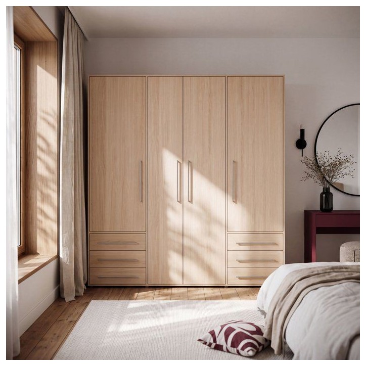 Armoire de chambre - MOKKARO - Décor chene clair - 4 portes battantes - 6 tiroirs - L205,9 x P53 x H200 cm Armoire de chambre - MOKKARO - Décor chene clair - 4 portes battantes - 6 tiroirs - L205,9 x P53 x H200 cm