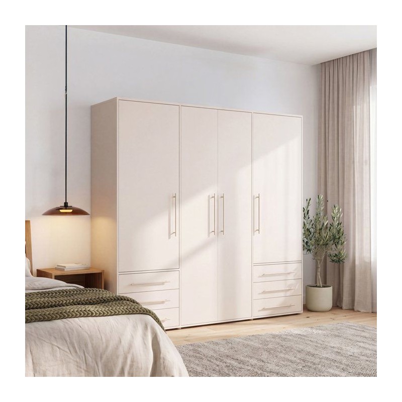 Armoire de chambre - MOKKARO - Décor sable - 4 portes battantes - 6 t