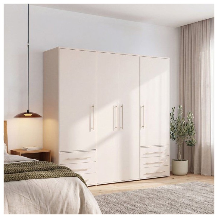 Armoire de chambre - MOKKARO - Décor sable - 4 portes battantes - 6 tiroirs - L205,9 x P53 x H200 cm Armoire de chambre - MOKKARO - Décor sable - 4 portes battantes - 6 tiroirs - L205,9 x P53 x H200 cm