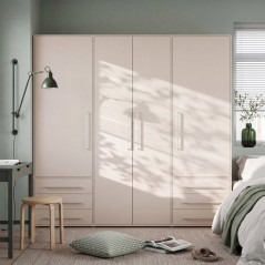 Armoire de chambre - MOKKARO - Décor sable - 4 portes battantes - 6 tiroirs - L205,9 x P53 x H200 cm