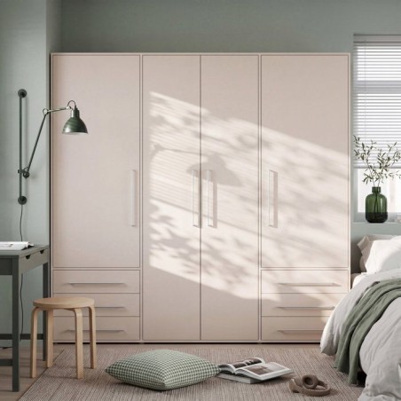 Armoire de chambre - MOKKARO - Décor sable - 4 portes battantes - 6 tiroirs - L205,9 x P53 x H200 cm
