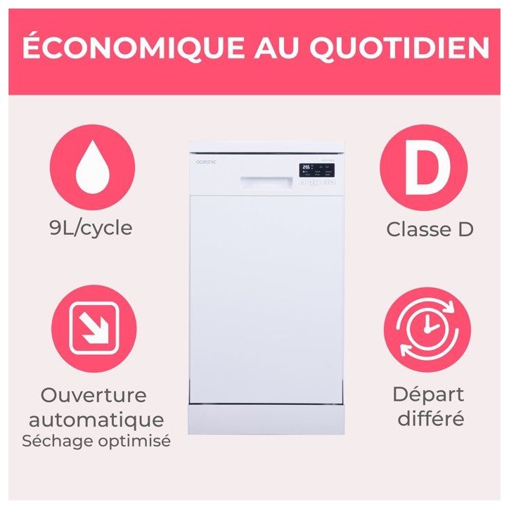 Lave-vaisselle pose libre OCEANIC OCEALV1047W - 10 couverts - Induction - L45cm - 47 dB - Blanc