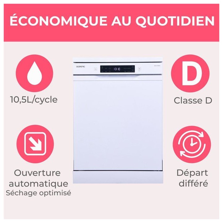 Lave-vaisselle pose libre OCEANIC OCEALV1444DW - 14 couverts - Induction - L60cm - 44 dB - Blanc
