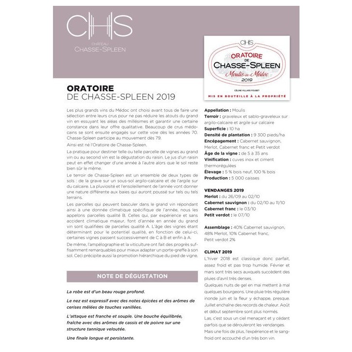 L'Oratoire de Chasse-Spleen 2019 Moulis - Vin rouge de Bordeaux