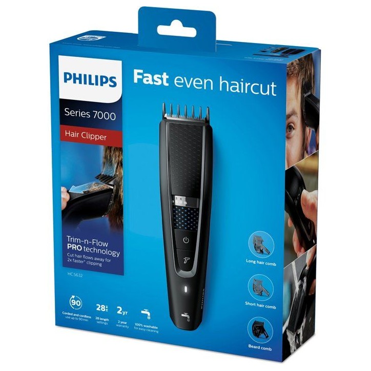 Tondeuse cheveux - PHILIPS - HC5632/15 - 28 hauteurs de coupe - 3 sabots - 90 min autonomie