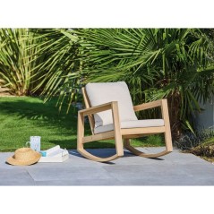 Fauteuil rocking chair de jardin Phuket - PROLOISIRS - - Bois acacia FSC - Coussins déhoussables inclus