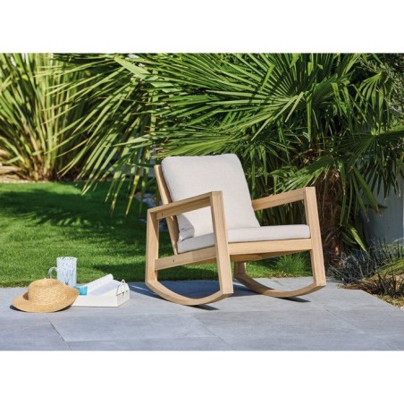 Fauteuil rocking chair de jardin Phuket - PROLOISIRS - - Bois acacia FSC - Coussins déhoussables inclus