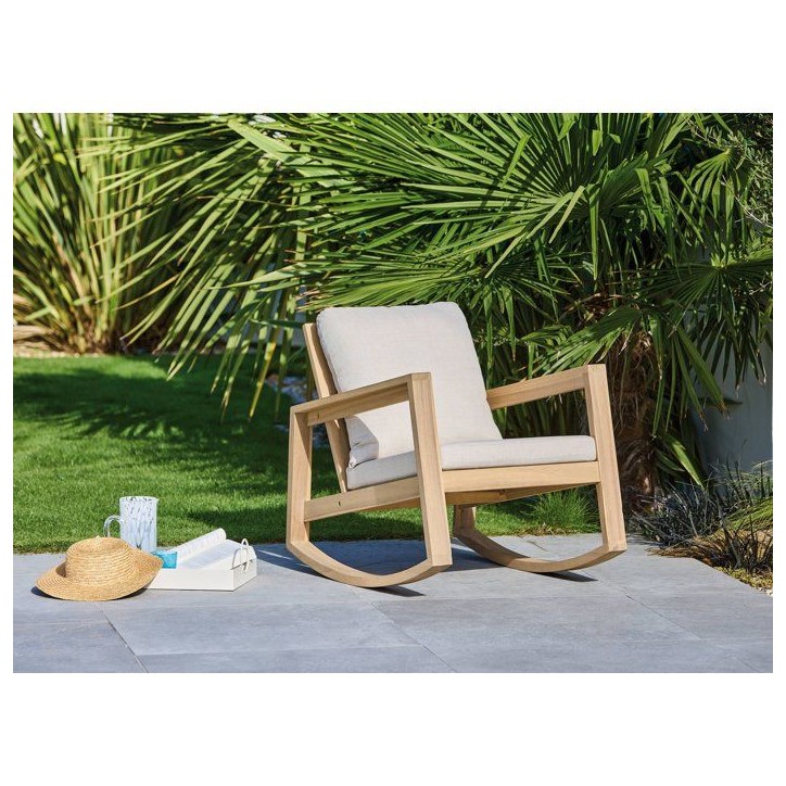 Fauteuil rocking chair de jardin Phuket - PROLOISIRS - - Bois acacia FSC - Coussins déhoussables inclus