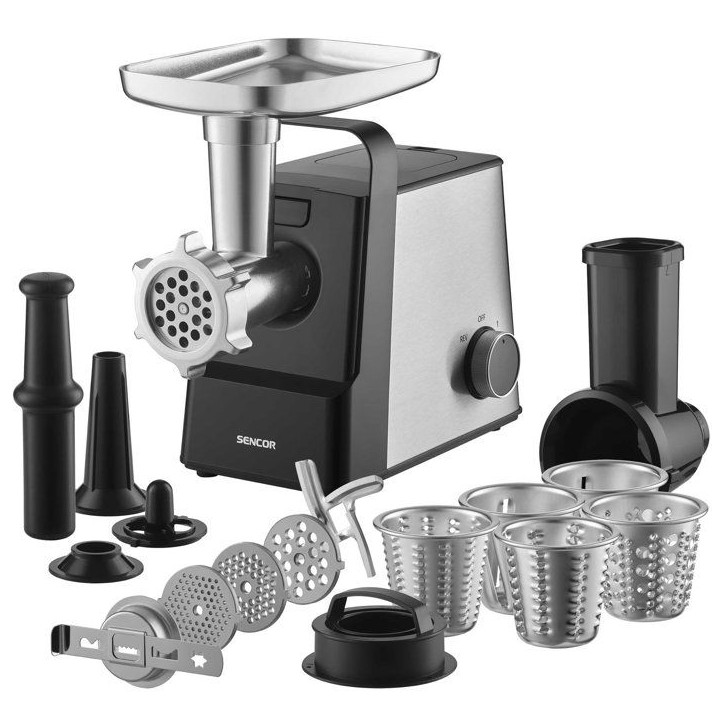 Hachoir a viande Sencor SMG 7400SS - Saucisses et kebbé - Trancheur-râpe inclus - 3 disques - 2,5 kg/min - Inox
