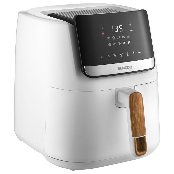 Friteuse a air chaud Sencor SFR 6551WH-EUE3 Vita - Prete en 3 min - Ne chauffe pas au toucher - Design bois - 6,5 L - Blanc