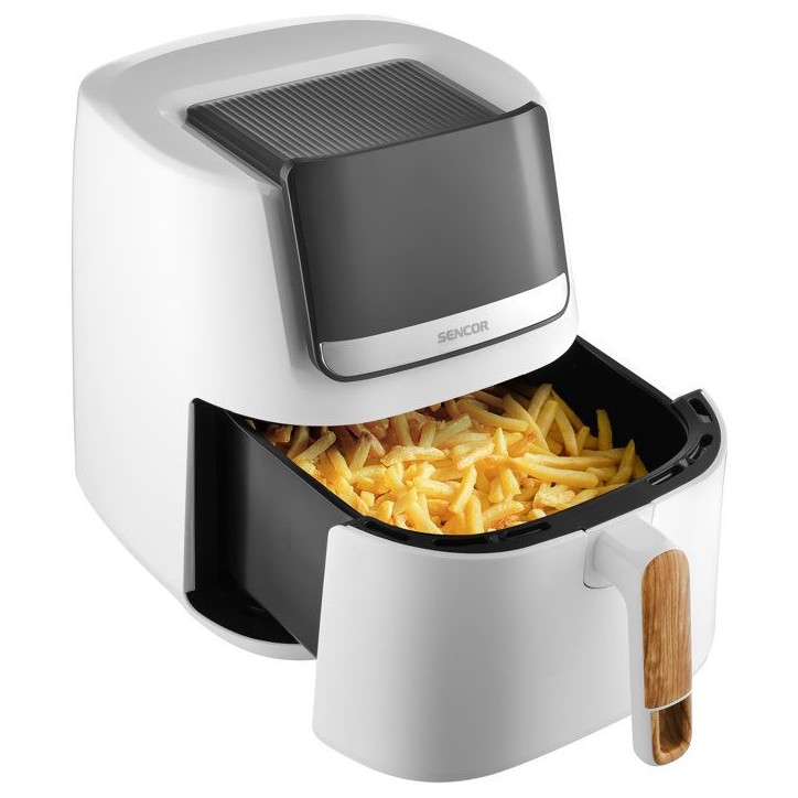 Friteuse a air chaud Sencor SFR 6551WH-EUE3 Vita - Prete en 3 min - Ne chauffe pas au toucher - Design bois - 6,5 L - Blanc