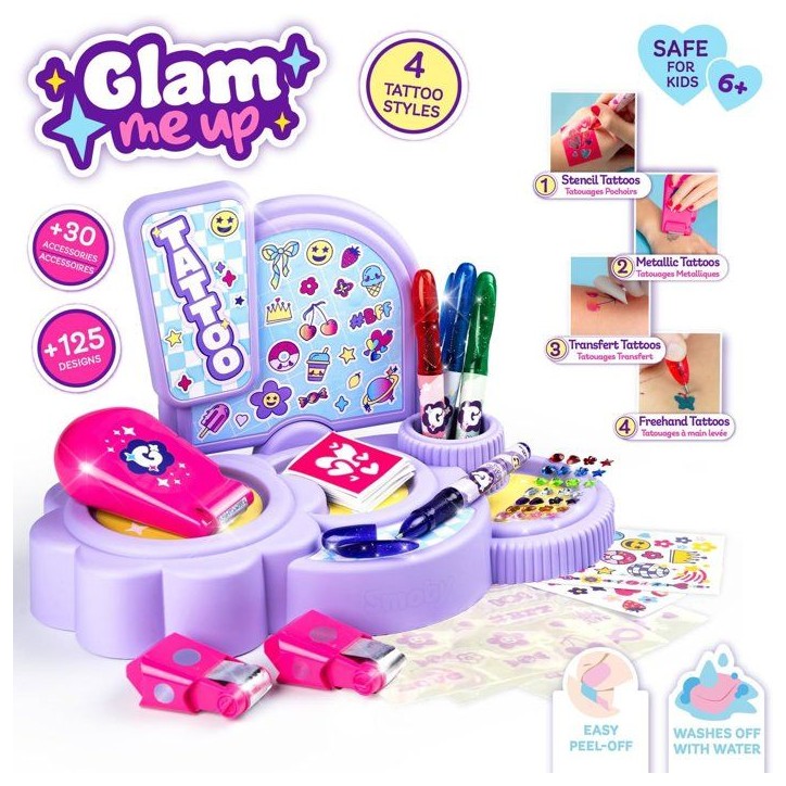 Tatoo Corner - Glam me Up - Smoby - Studio de tatouage pour enfant - 4 styles de tatouage - Accessoires inclus - Des 6 ans