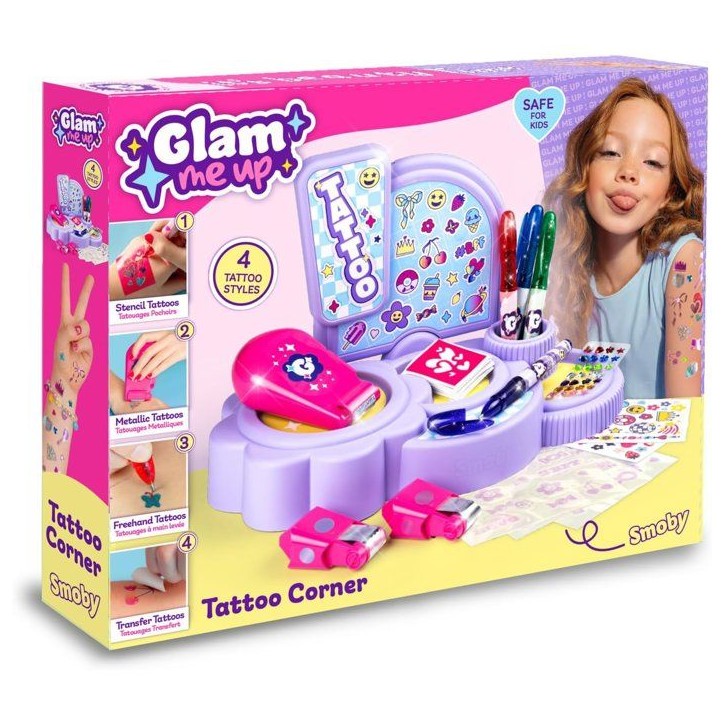 Tatoo Corner - Glam me Up - Smoby - Studio de tatouage pour enfant - 4 styles de tatouage - Accessoires inclus - Des 6 ans