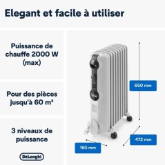 DELONGHI TRRS0920 2000 watts Radiateur bain d'huile - 3 niveaux de pui