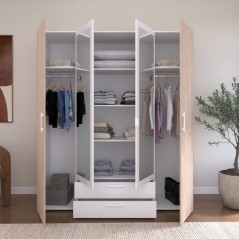 Armoire VARIA - Décor chene et blanc - 4 portes battantes + 2 miroirs