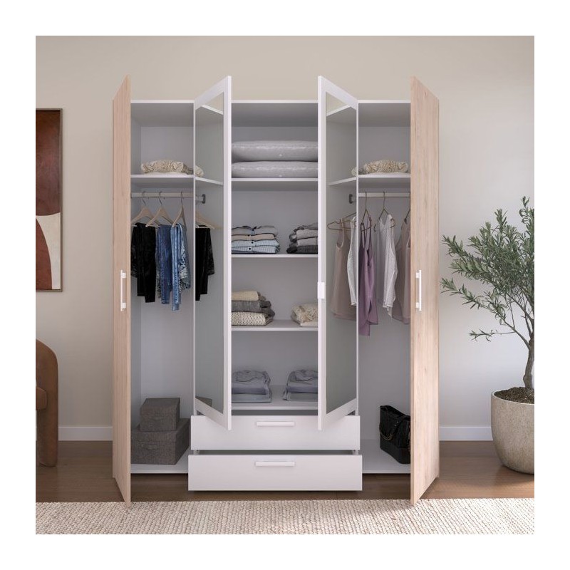 Armoire VARIA - Décor chene et blanc - 4 portes battantes + 2 miroirs