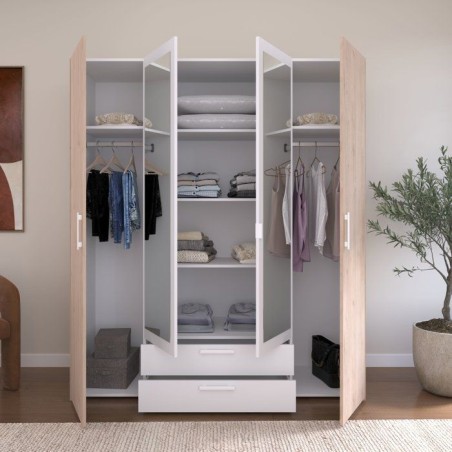 Armoire VARIA - Décor chene et blanc - 4 portes battantes + 2 miroirs