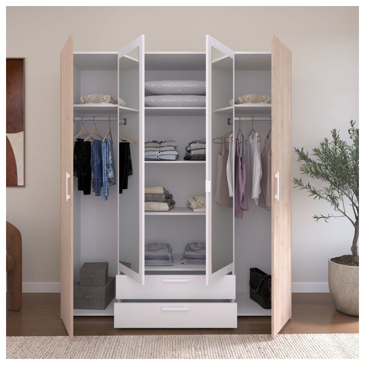 Armoire VARIA - Décor chene et blanc - 4 portes battantes + 2 miroirs + 2 tiroirs - L 160 x H 185 x P 52 cm - PARISOT Armoire VARIA - Décor chene et blanc - 4 portes battantes + 2 miroirs + 2 tiroirs - L 160 x H 185 x P 52 cm - PARISOT