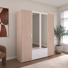 Armoire VARIA - Décor chene et blanc - 4 portes battantes + 2 miroirs + 2 tiroirs - L 160 x H 185 x P 52 cm - PARISOT