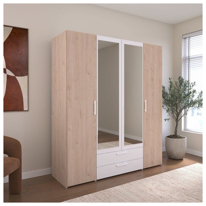 Armoire VARIA - Décor chene et blanc - 4 portes battantes + 2 miroirs + 2 tiroirs - L 160 x H 185 x P 52 cm - PARISOT Armoire VARIA - Décor chene et blanc - 4 portes battantes + 2 miroirs + 2 tiroirs - L 160 x H 185 x P 52 cm - PARISOT