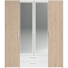 Armoire VARIA - Décor chene et blanc - 4 portes battantes + 2 miroirs