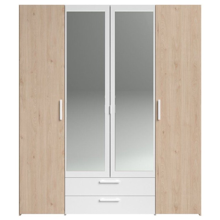 Armoire VARIA - Décor chene et blanc - 4 portes battantes + 2 miroirs + 2 tiroirs - L 160 x H 185 x P 52 cm - PARISOT Armoire VARIA - Décor chene et blanc - 4 portes battantes + 2 miroirs + 2 tiroirs - L 160 x H 185 x P 52 cm - PARISOT