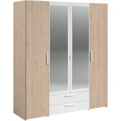 Armoire VARIA - Décor chene et blanc - 4 portes battantes + 2 miroirs