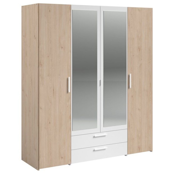 Armoire VARIA - Décor chene et blanc - 4 portes battantes + 2 miroirs + 2 tiroirs - L 160 x H 185 x P 52 cm - PARISOT Armoire VARIA - Décor chene et blanc - 4 portes battantes + 2 miroirs + 2 tiroirs - L 160 x H 185 x P 52 cm - PARISOT