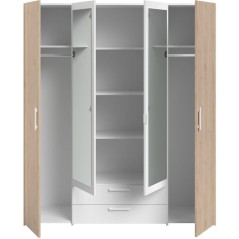 Armoire VARIA - Décor chene et blanc - 4 portes battantes + 2 miroirs