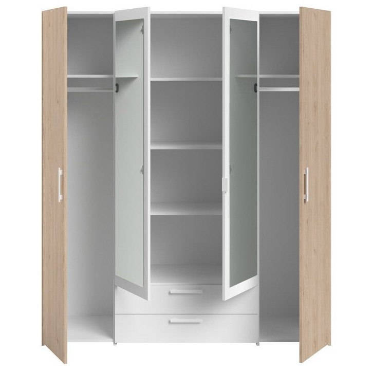 Armoire VARIA - Décor chene et blanc - 4 portes battantes + 2 miroirs + 2 tiroirs - L 160 x H 185 x P 52 cm - PARISOT Armoire VARIA - Décor chene et blanc - 4 portes battantes + 2 miroirs + 2 tiroirs - L 160 x H 185 x P 52 cm - PARISOT