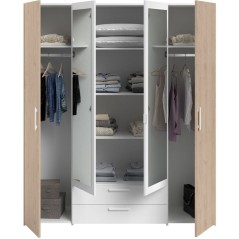 Armoire VARIA - Décor chene et blanc - 4 portes battantes + 2 miroirs