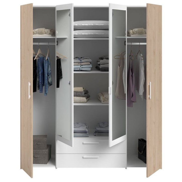 Armoire VARIA - Décor chene et blanc - 4 portes battantes + 2 miroirs + 2 tiroirs - L 160 x H 185 x P 52 cm - PARISOT Armoire VARIA - Décor chene et blanc - 4 portes battantes + 2 miroirs + 2 tiroirs - L 160 x H 185 x P 52 cm - PARISOT