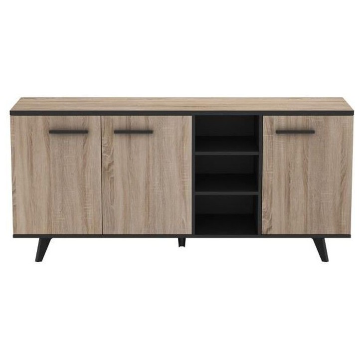 Buffet bas - Décor chene brossé et noir mat - Contemporain - WAYNE - L 160,7 cm