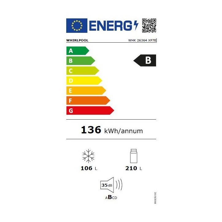 Réfrigérateur combiné - WHIRLPOOL - WHK26364XP7E - Classe B - 316 L - 59,5 x 66,3 x 186,5 cm - Inox Réfrigérateur combiné - WHIRLPOOL - WHK26364XP7E - Classe B - 316 L - 59,5 x 66,3 x 186,5 cm - Inox
